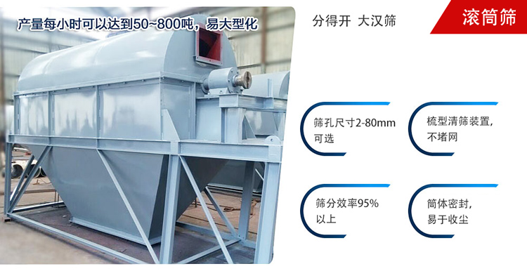 滾筒篩分開放式,封閉式兩種選擇無塵篩分。無軸滾筒:適用生活垃圾等一些有一定纏繞性物料;有軸滾筒:適用石料,砂土等含水量較少的物料
